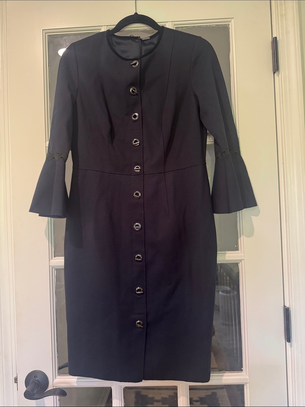 Elie Tahari navy Midi Dress with Button Front and Bell Sleeves